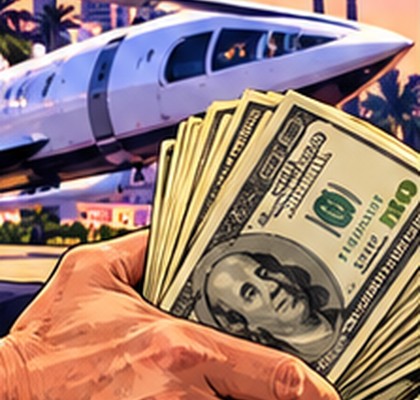 A fistful of hundred-dollar bills in front of a private jet