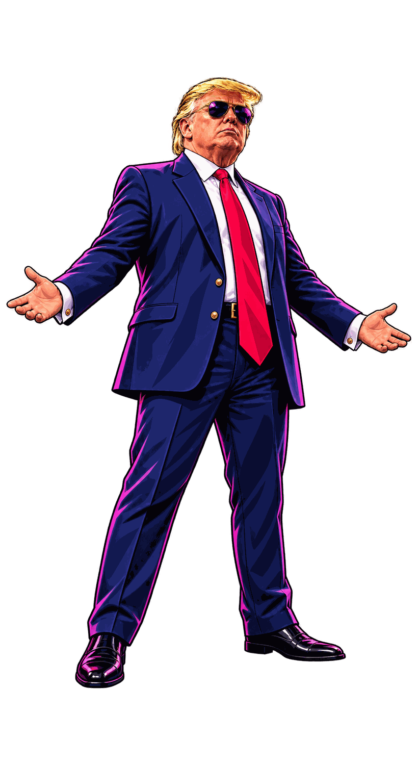 Trump standing on the promenade in a navy suit and sunglasses, arms spread