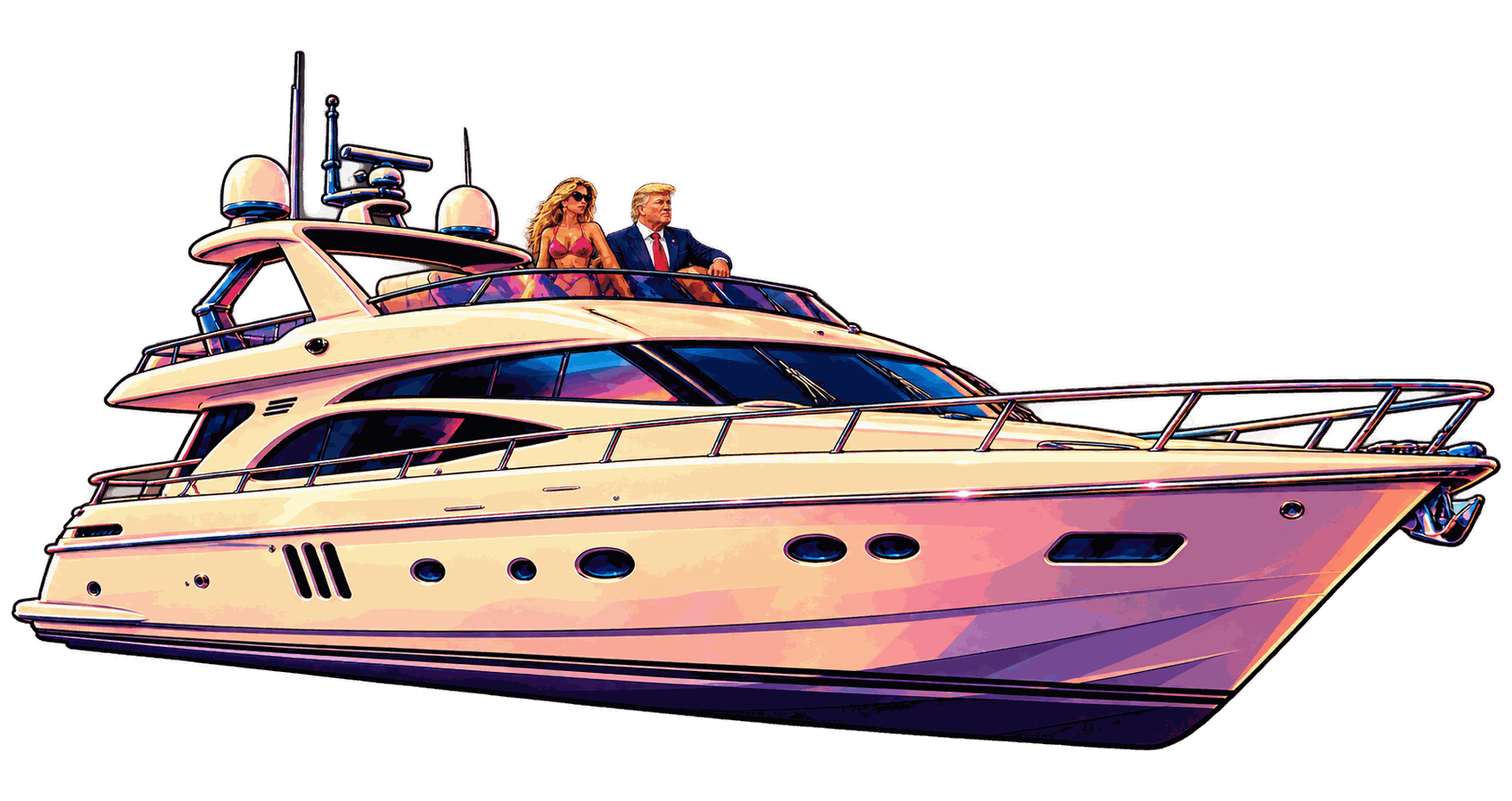 A white motor yacht moored at the marina, lit towers reflecting on the water